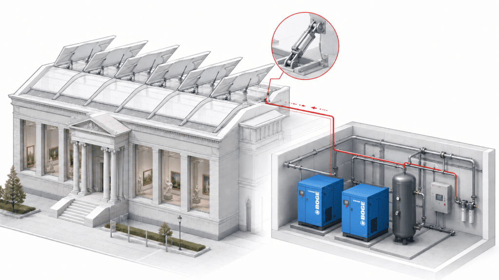 Aroplus upgraded the compressed air supply used to operate the Barber Institute’s roof-based ventilation system.