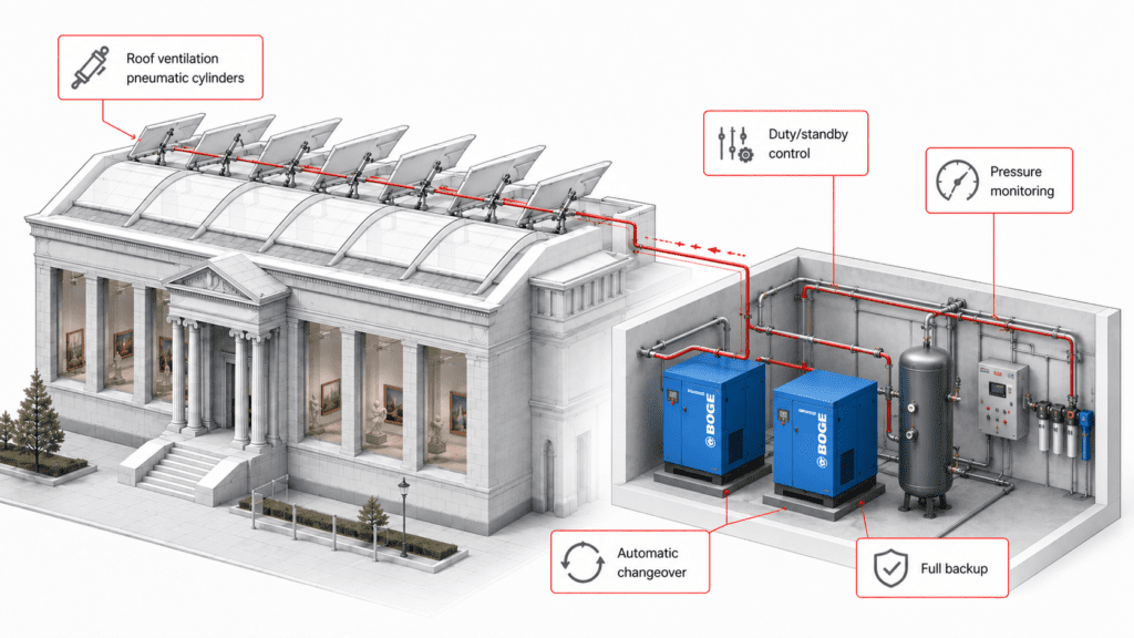 Aroplus installed a duty/standby screw compressor arrangement with automatic control and standby protection.