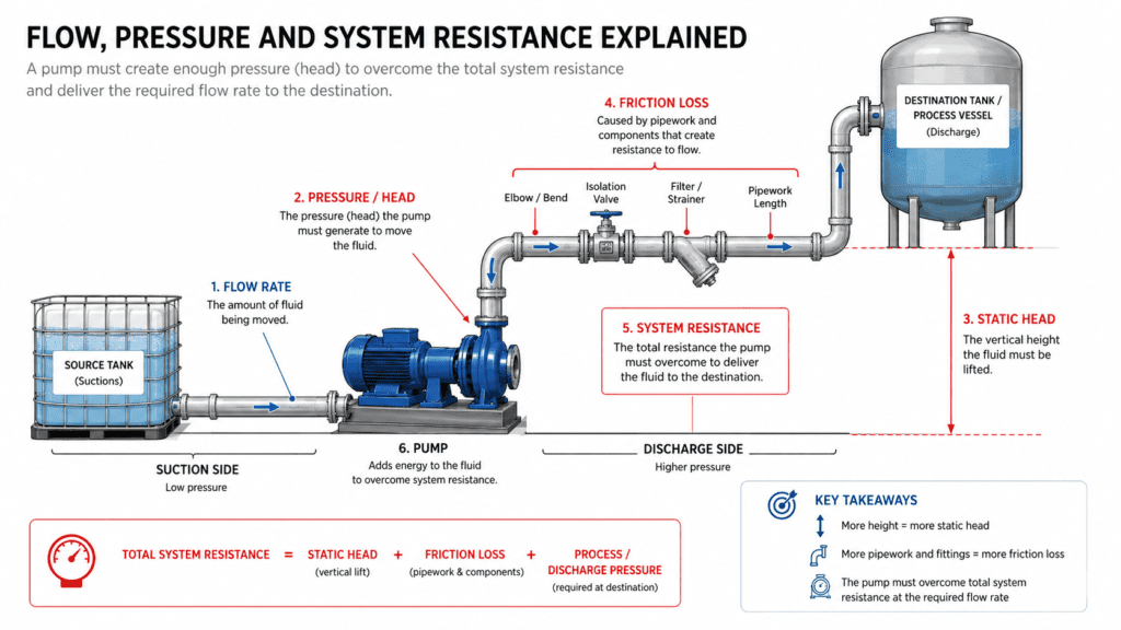 Pump duty point diagram showing flow pressure static head and system resistance