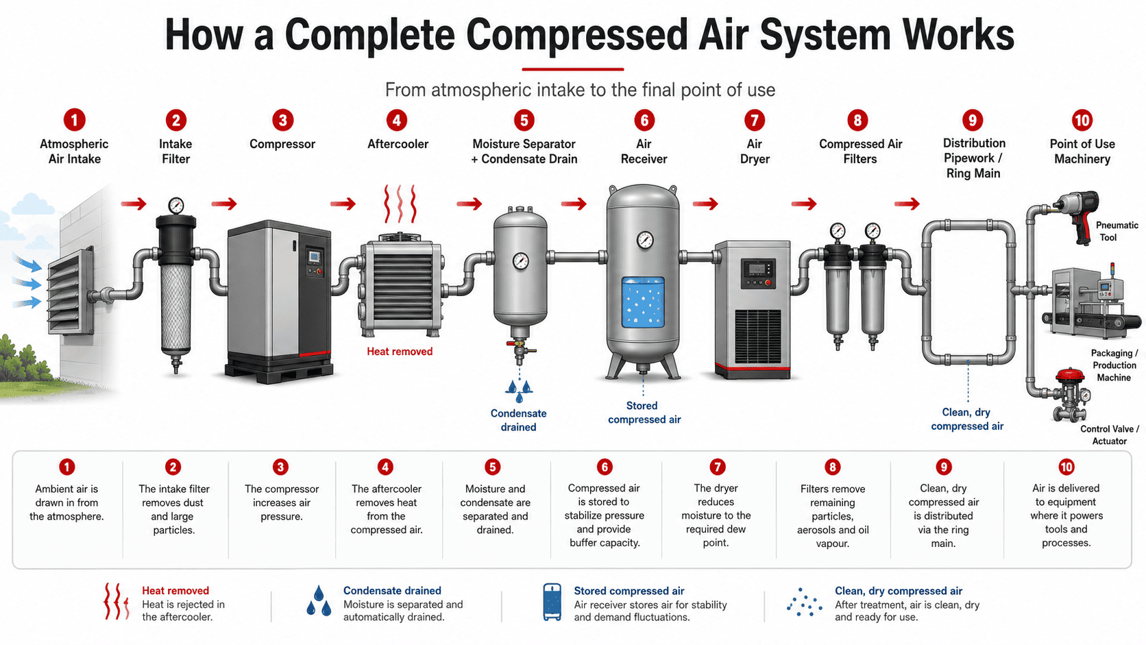Diagram showing an industrial compressed air system from atmospheric intake through compression, cooling, storage, treatment and distribution