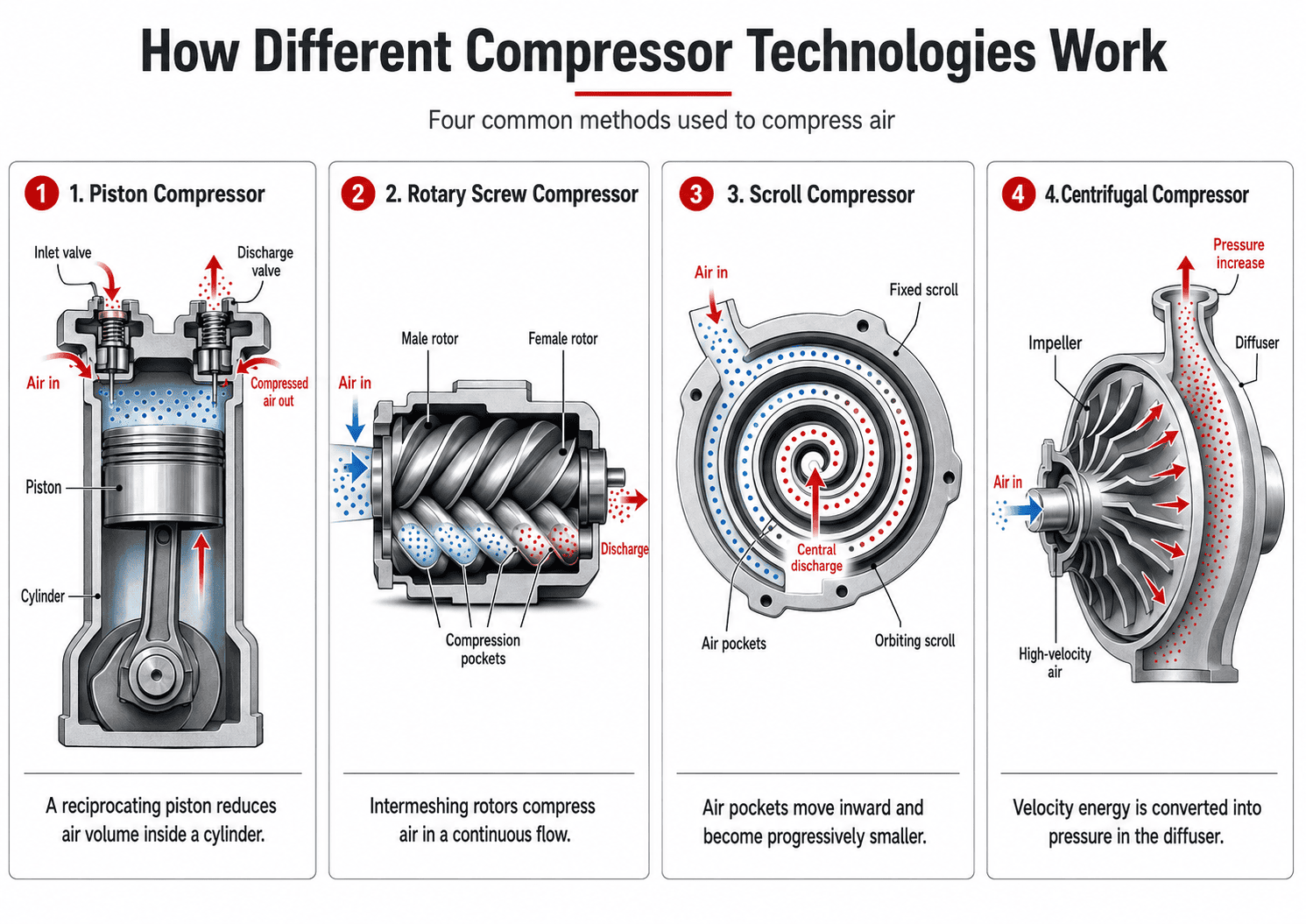 Comparison diagram showing how piston, rotary screw, scroll and centrifugal air compressors work