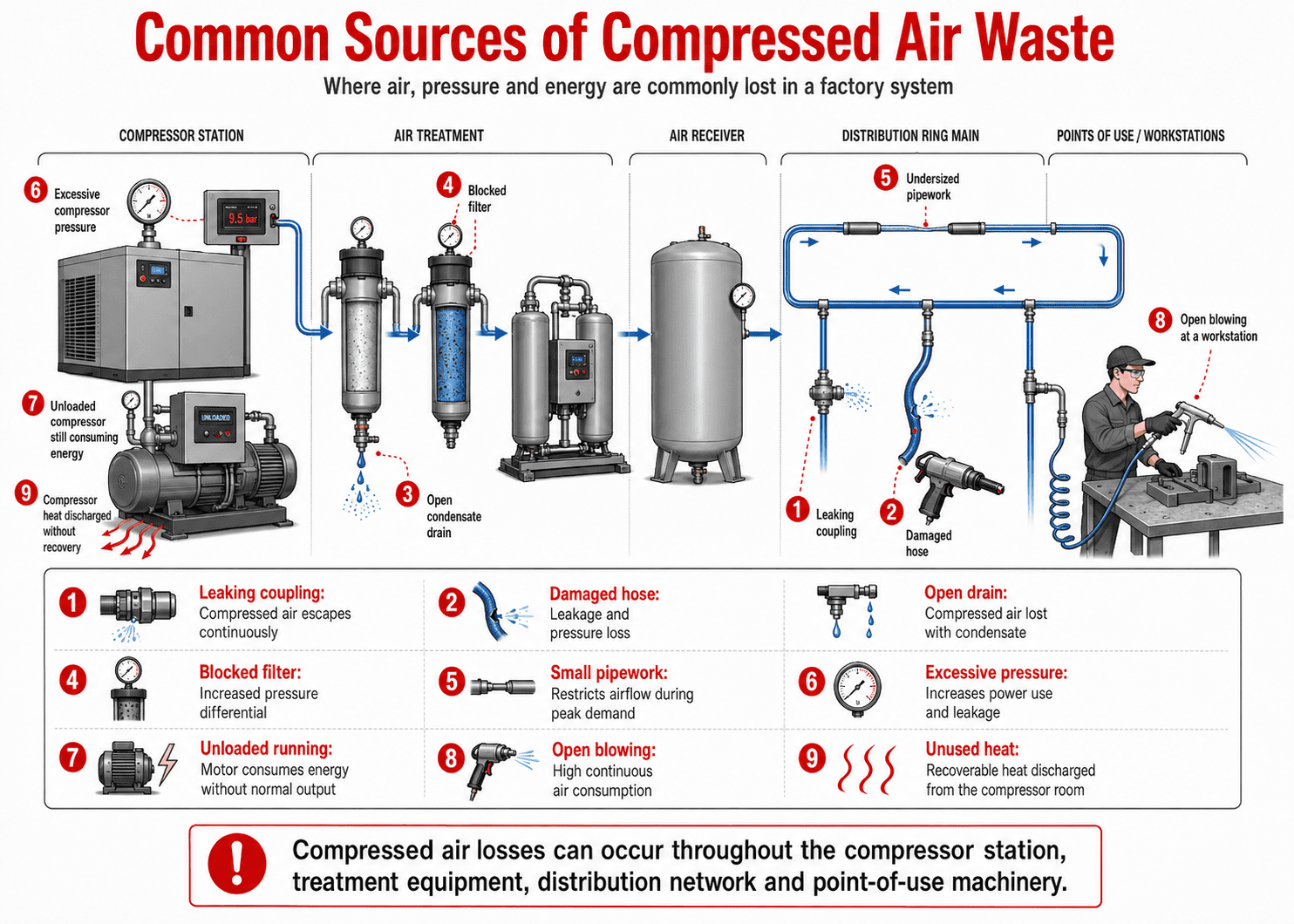 Factory compressed air system diagram highlighting common sources of air leakage, pressure loss and energy waste